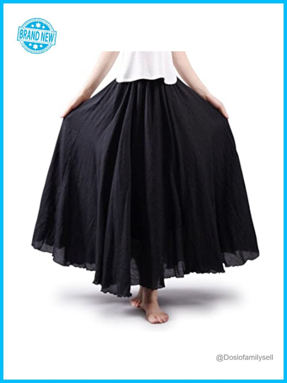 Women's Cotton Linen Long Maxi Skirt Elastic Waist A-Line Pleated Beach Dress